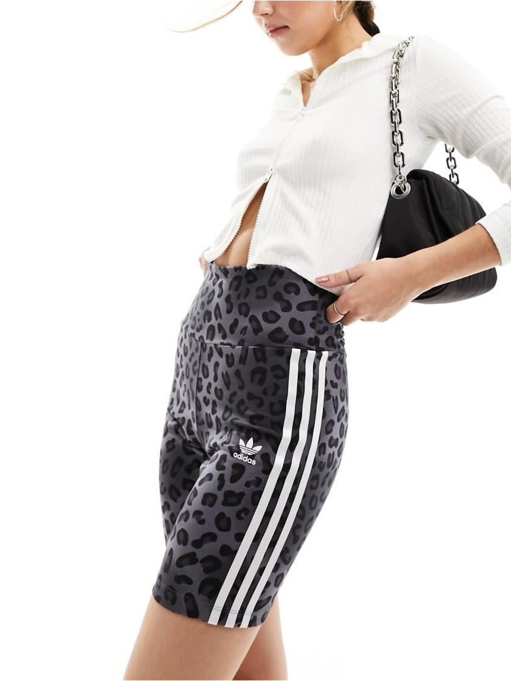 NWOT adidas Gray Leopard Print High-Waist Bike Shorts with White Stripes